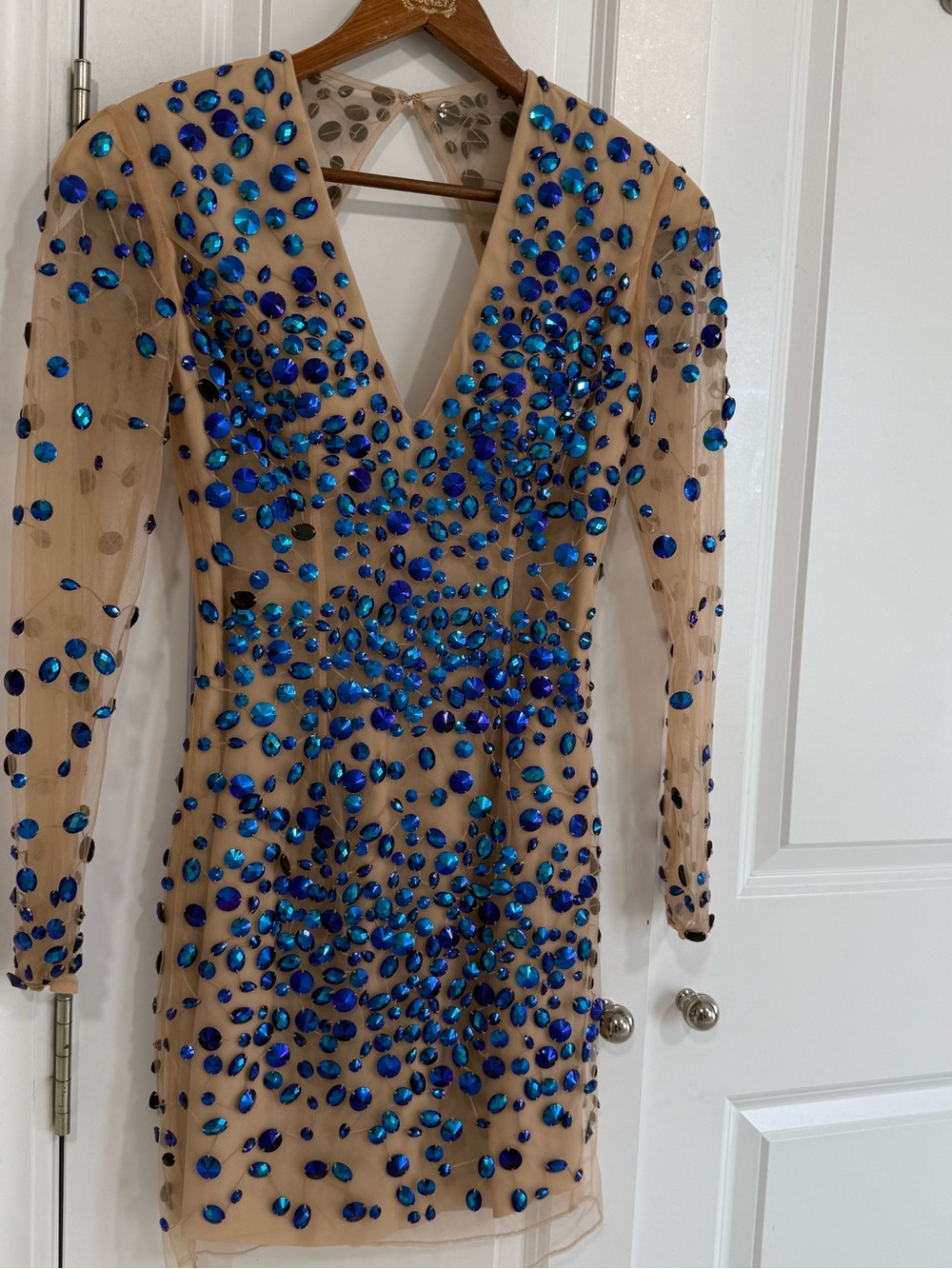 Sherri Hill Nude Mini Dress with Blue Gem Embellishments